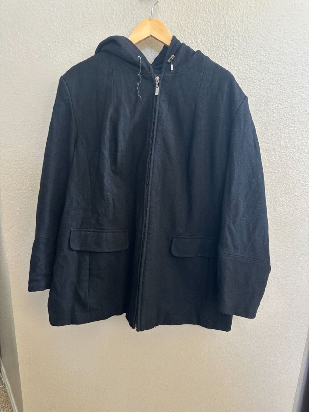 Giacca Women’s Hooded Black Wool Blend Zip-Up Coat 1X Warm Stylish Jacket